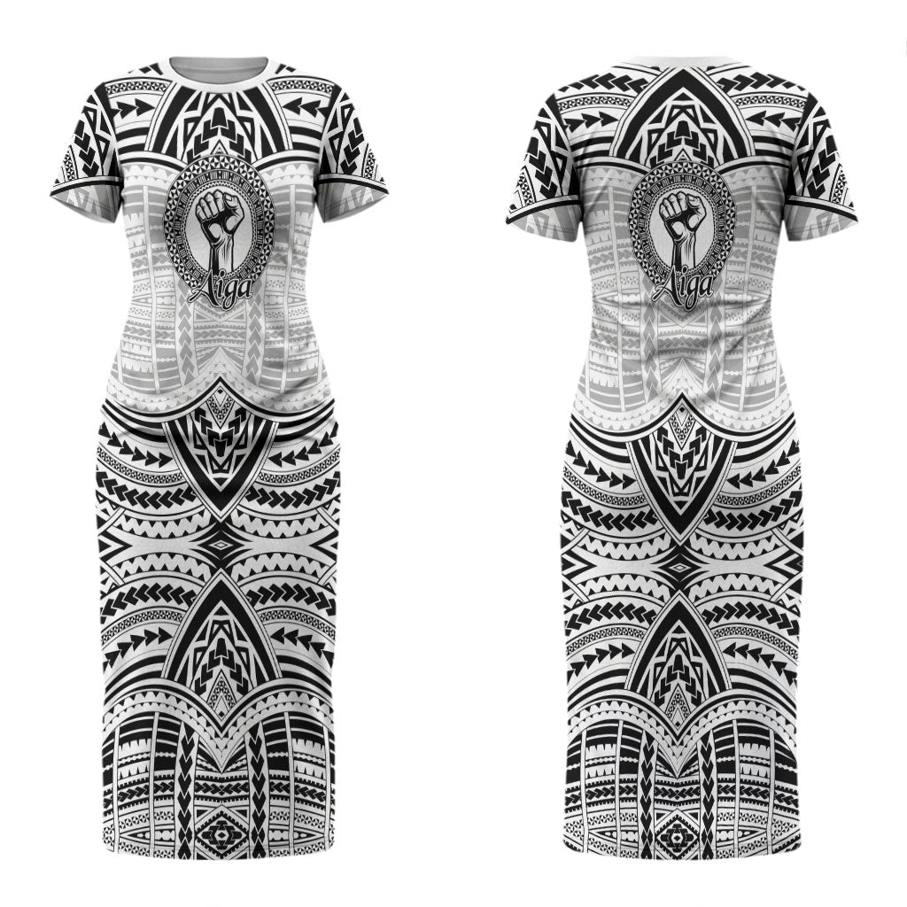 Aiga Samoa Raised Fist Couples Matching Short Sleeve Bodycon Dress and Hawaiian Shirt Polynesian Tribal Tattoo Art Family Pride