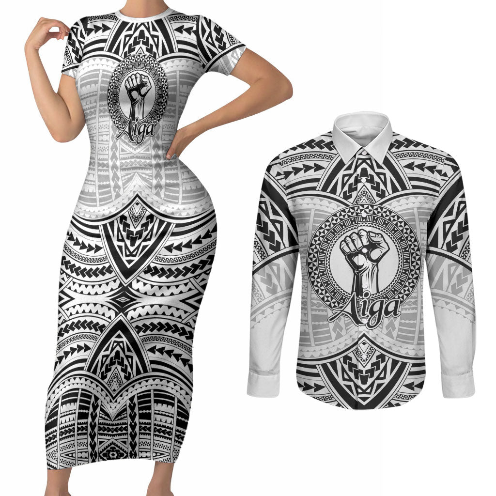 Aiga Samoa Raised Fist Couples Matching Short Sleeve Bodycon Dress and Long Sleeve Button Shirt Polynesian Tribal Tattoo Art Family Pride