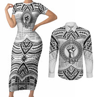 Aiga Samoa Raised Fist Couples Matching Short Sleeve Bodycon Dress and Long Sleeve Button Shirt Polynesian Tribal Tattoo Art Family Pride