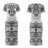 Aiga Samoa Raised Fist Couples Matching Short Sleeve Bodycon Dress and Long Sleeve Button Shirt Polynesian Tribal Tattoo Art Family Pride
