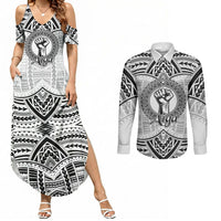 Aiga Samoa Raised Fist Couples Matching Summer Maxi Dress and Long Sleeve Button Shirt Polynesian Tribal Tattoo Art Family Pride
