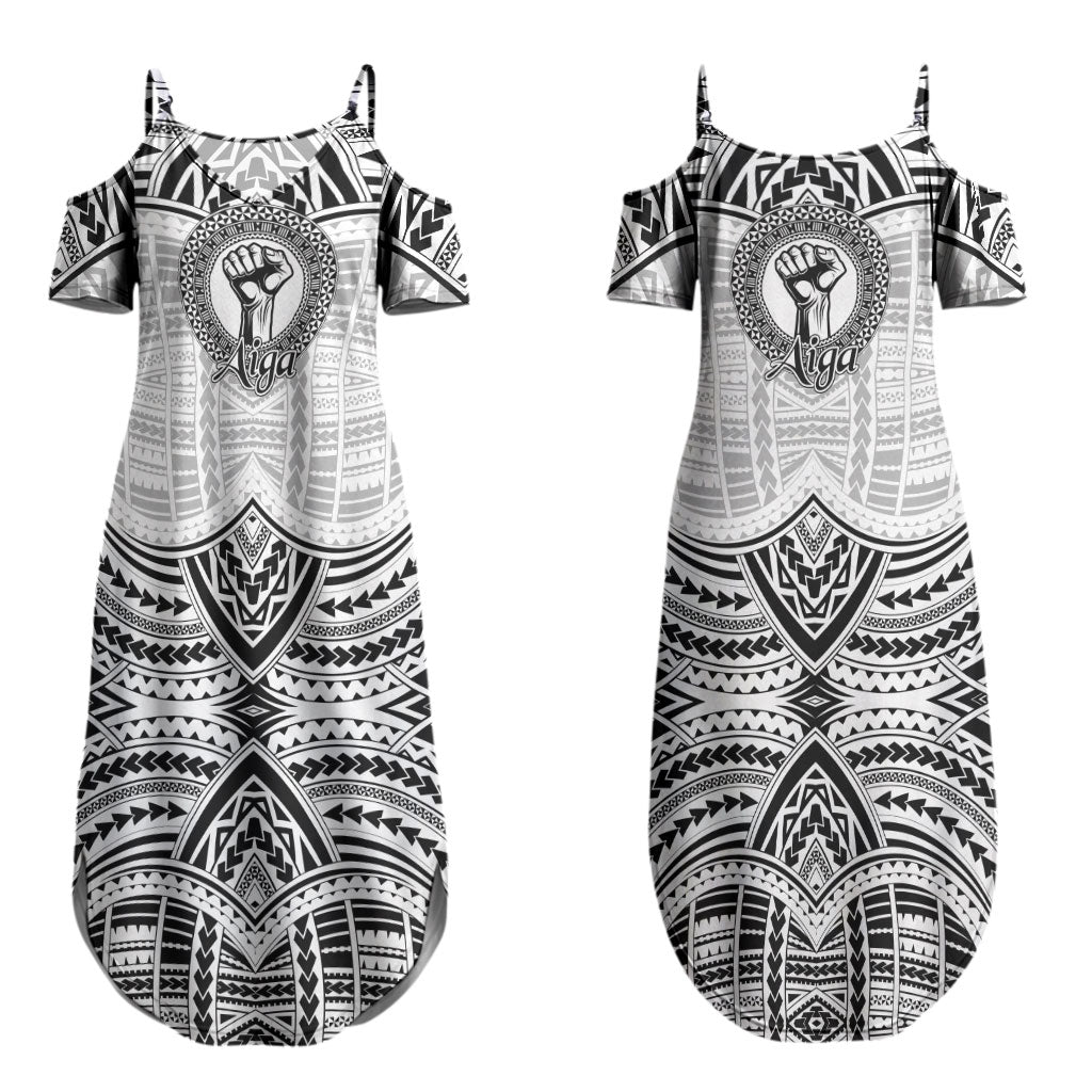 Aiga Samoa Raised Fist Couples Matching Summer Maxi Dress and Long Sleeve Button Shirt Polynesian Tribal Tattoo Art Family Pride