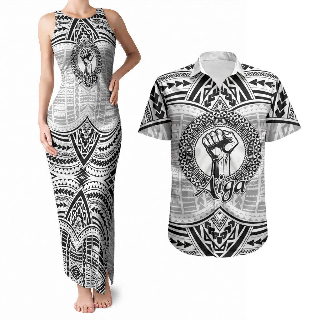 Aiga Samoa Raised Fist Couples Matching Tank Maxi Dress and Hawaiian Shirt Polynesian Tribal Tattoo Art Family Pride TS04 White Black - Polynesian Pride