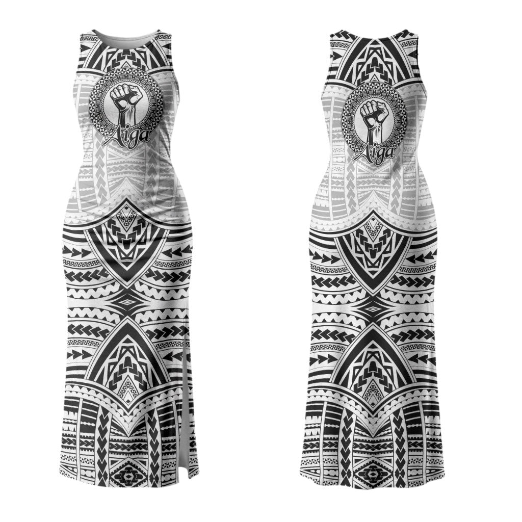 Aiga Samoa Raised Fist Couples Matching Tank Maxi Dress and Hawaiian Shirt Polynesian Tribal Tattoo Art Family Pride