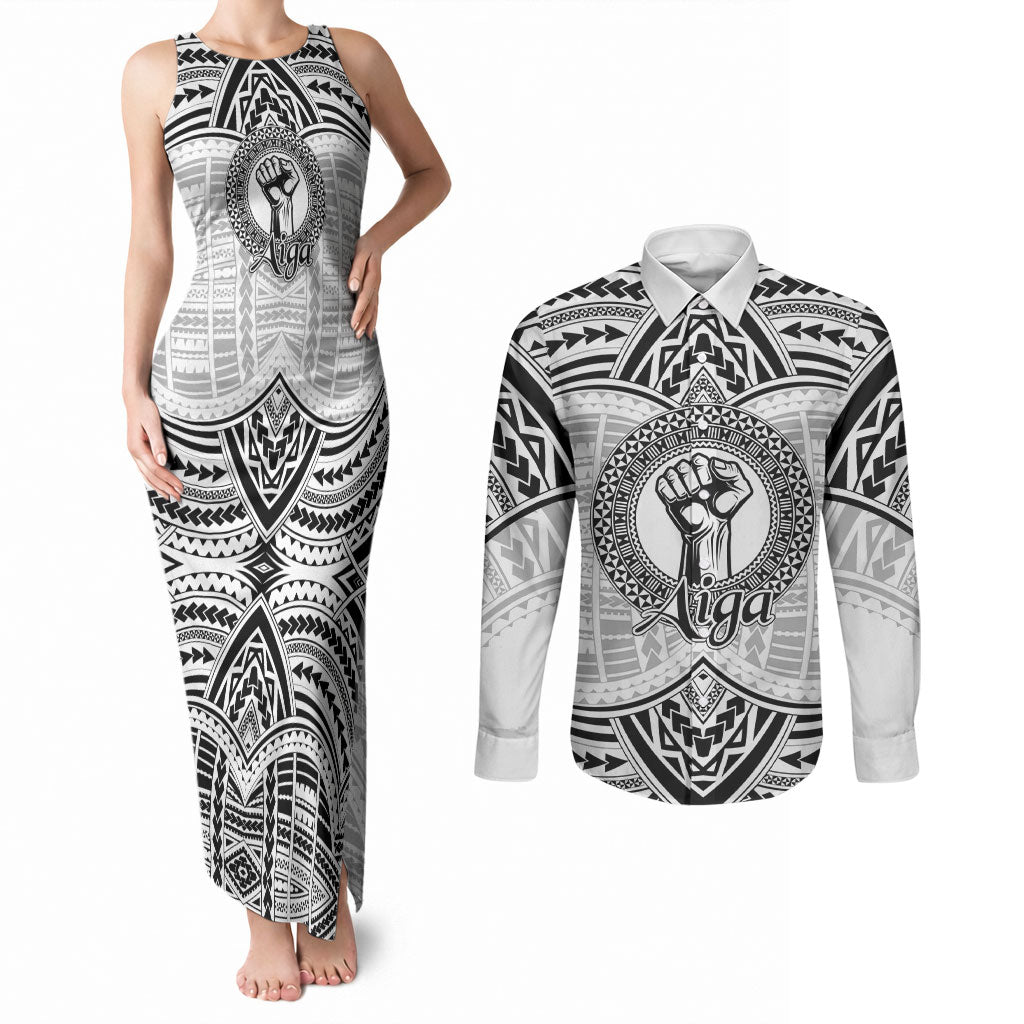 Aiga Samoa Raised Fist Couples Matching Tank Maxi Dress and Long Sleeve Button Shirt Polynesian Tribal Tattoo Art Family Pride TS04 White Black - Polynesian Pride