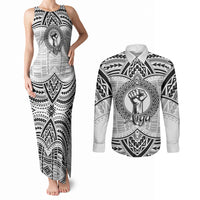 Aiga Samoa Raised Fist Couples Matching Tank Maxi Dress and Long Sleeve Button Shirt Polynesian Tribal Tattoo Art Family Pride