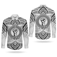 Aiga Samoa Raised Fist Couples Matching Tank Maxi Dress and Long Sleeve Button Shirt Polynesian Tribal Tattoo Art Family Pride