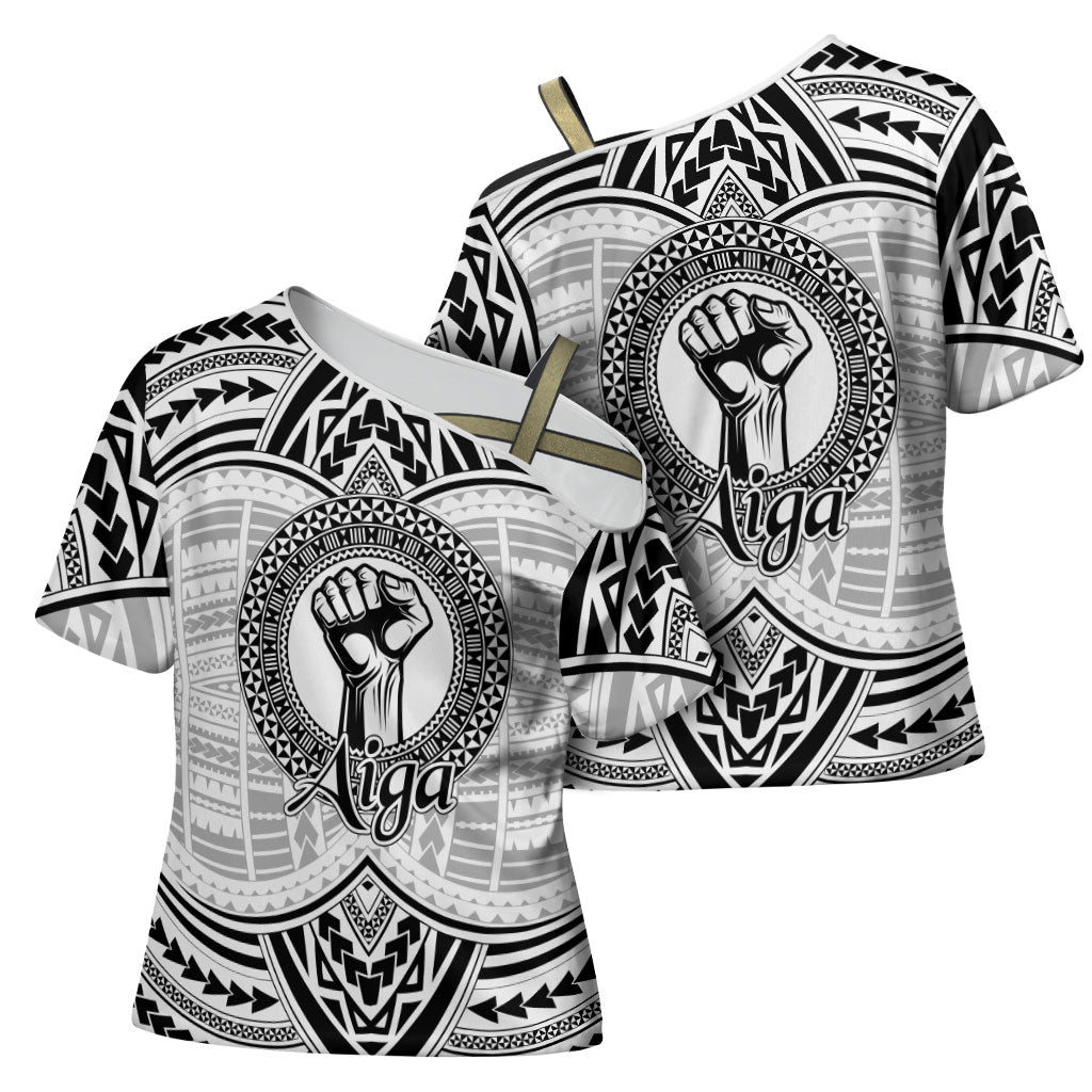 Aiga Samoa Raised Fist Cross Shoulder Shirt Polynesian Tribal Tattoo Art Family Pride
