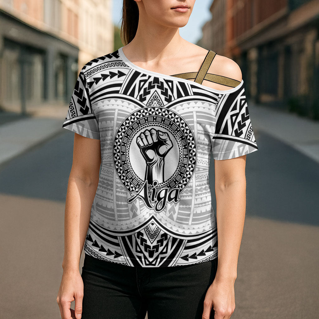 Aiga Samoa Raised Fist Cross Shoulder Shirt Polynesian Tribal Tattoo Art Family Pride