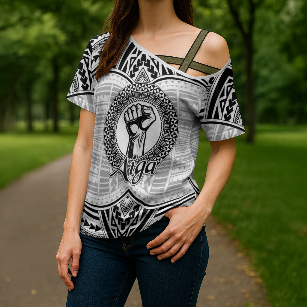 Aiga Samoa Raised Fist Cross Shoulder Shirt Polynesian Tribal Tattoo Art Family Pride