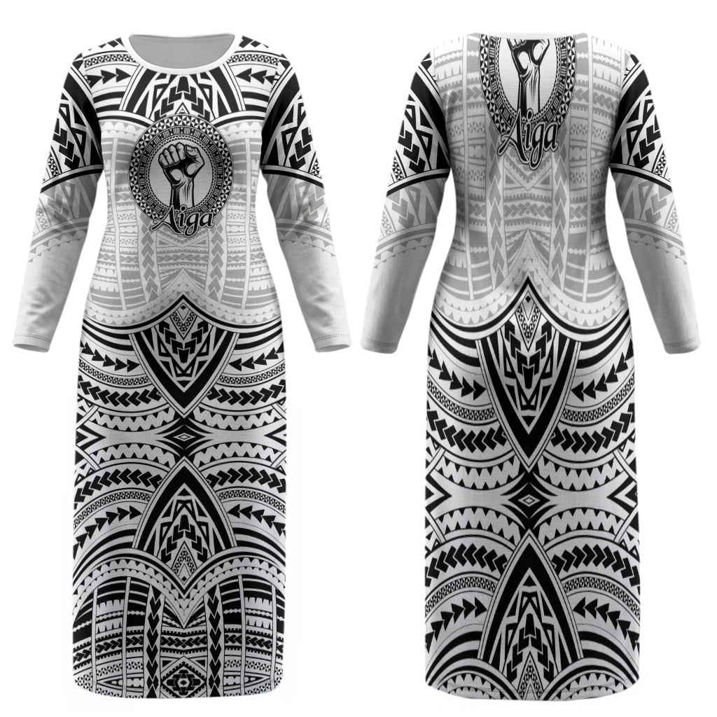 Aiga Samoa Raised Fist Family Matching Long Sleeve Bodycon Dress and Hawaiian Shirt Polynesian Tribal Tattoo Art Family Pride