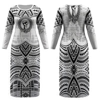 Aiga Samoa Raised Fist Family Matching Long Sleeve Bodycon Dress and Hawaiian Shirt Polynesian Tribal Tattoo Art Family Pride