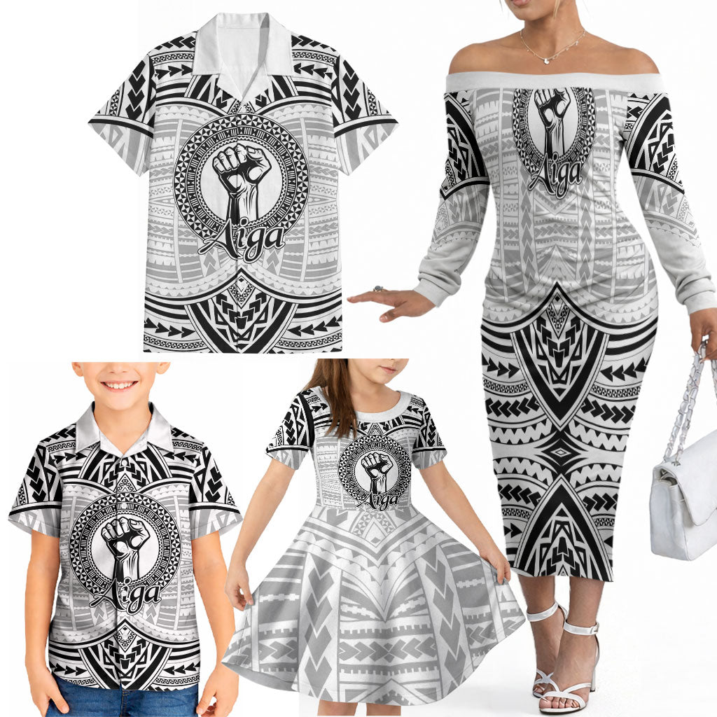 Aiga Samoa Raised Fist Family Matching Off The Shoulder Long Sleeve Dress and Hawaiian Shirt Polynesian Tribal Tattoo Art Family Pride