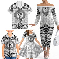 Aiga Samoa Raised Fist Family Matching Off The Shoulder Long Sleeve Dress and Hawaiian Shirt Polynesian Tribal Tattoo Art Family Pride