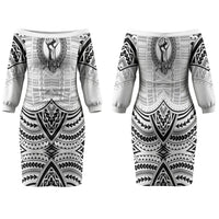 Aiga Samoa Raised Fist Family Matching Off The Shoulder Long Sleeve Dress and Hawaiian Shirt Polynesian Tribal Tattoo Art Family Pride