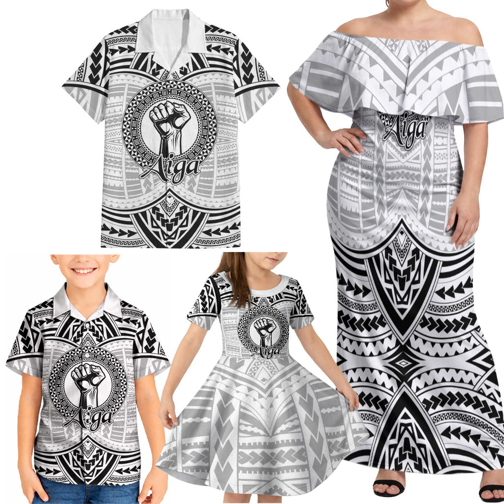 Aiga Samoa Raised Fist Family Matching Off Shoulder Maxi Dress and Hawaiian Shirt Polynesian Tribal Tattoo Art Family Pride