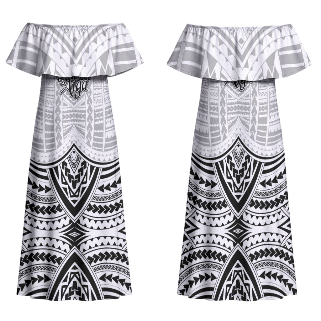 Aiga Samoa Raised Fist Family Matching Off Shoulder Maxi Dress and Hawaiian Shirt Polynesian Tribal Tattoo Art Family Pride