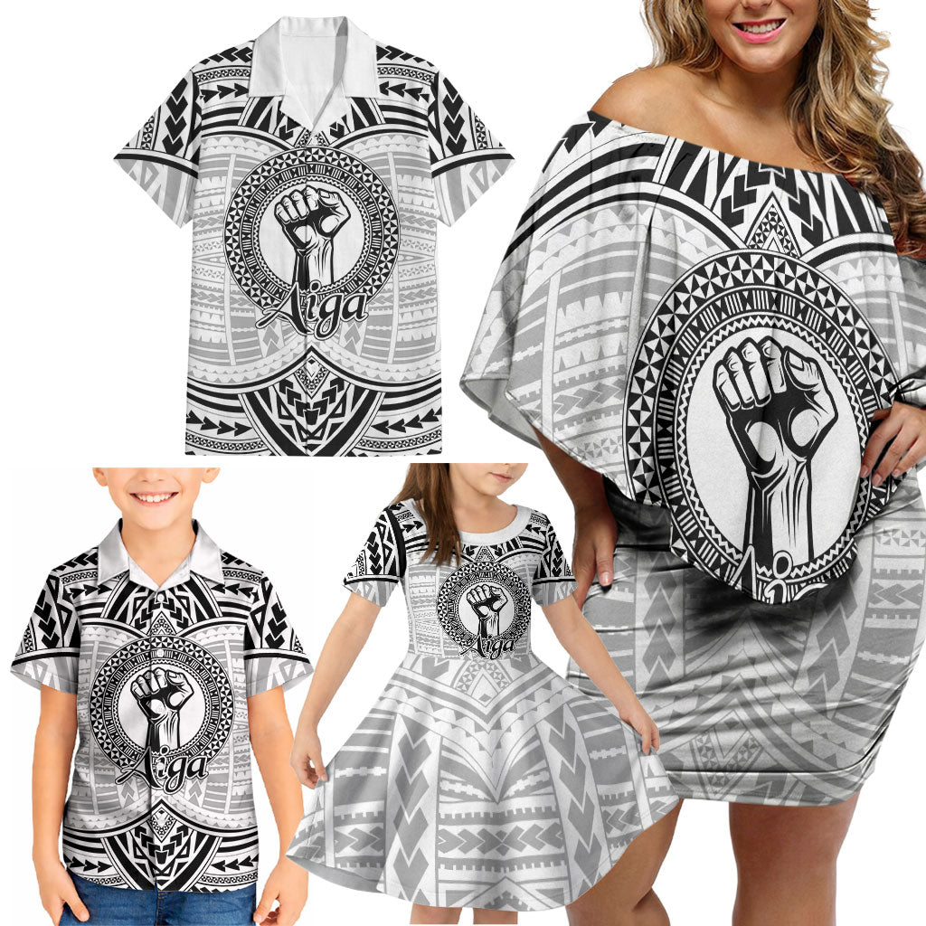 Aiga Samoa Raised Fist Family Matching Off Shoulder Short Dress and Hawaiian Shirt Polynesian Tribal Tattoo Art Family Pride TS04 - Polynesian Pride