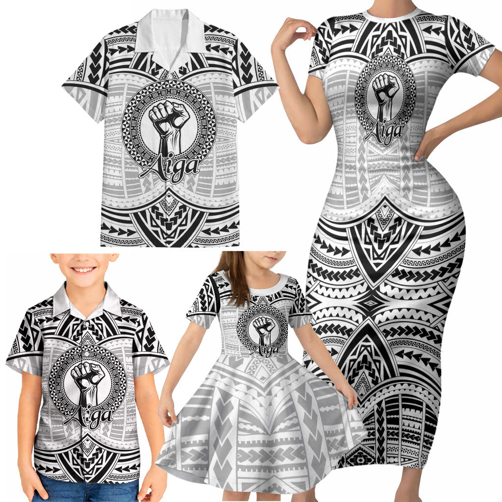 Aiga Samoa Raised Fist Family Matching Short Sleeve Bodycon Dress and Hawaiian Shirt Polynesian Tribal Tattoo Art Family Pride