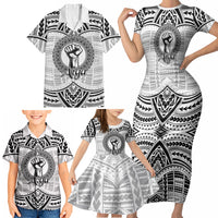 Aiga Samoa Raised Fist Family Matching Short Sleeve Bodycon Dress and Hawaiian Shirt Polynesian Tribal Tattoo Art Family Pride