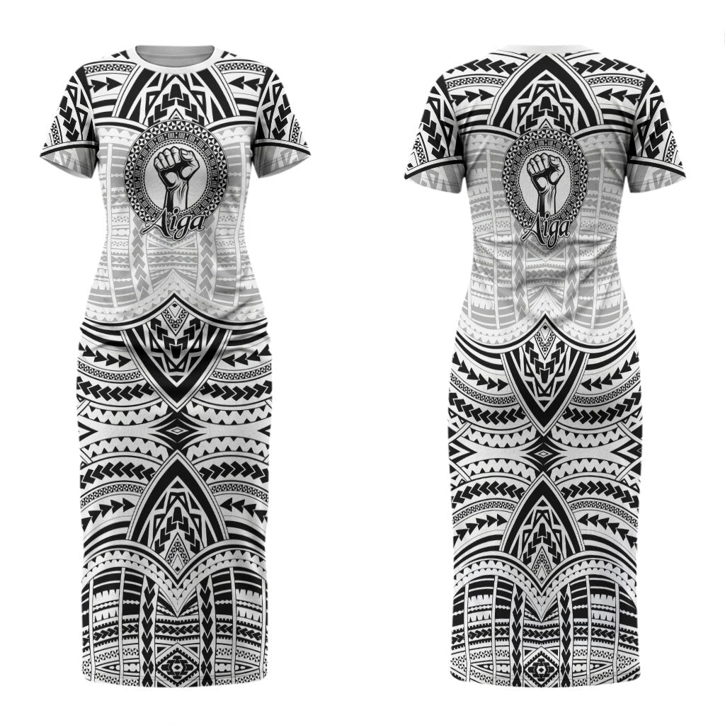 Aiga Samoa Raised Fist Family Matching Short Sleeve Bodycon Dress and Hawaiian Shirt Polynesian Tribal Tattoo Art Family Pride