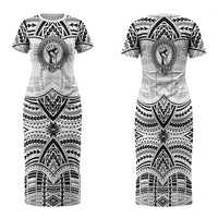 Aiga Samoa Raised Fist Family Matching Short Sleeve Bodycon Dress and Hawaiian Shirt Polynesian Tribal Tattoo Art Family Pride