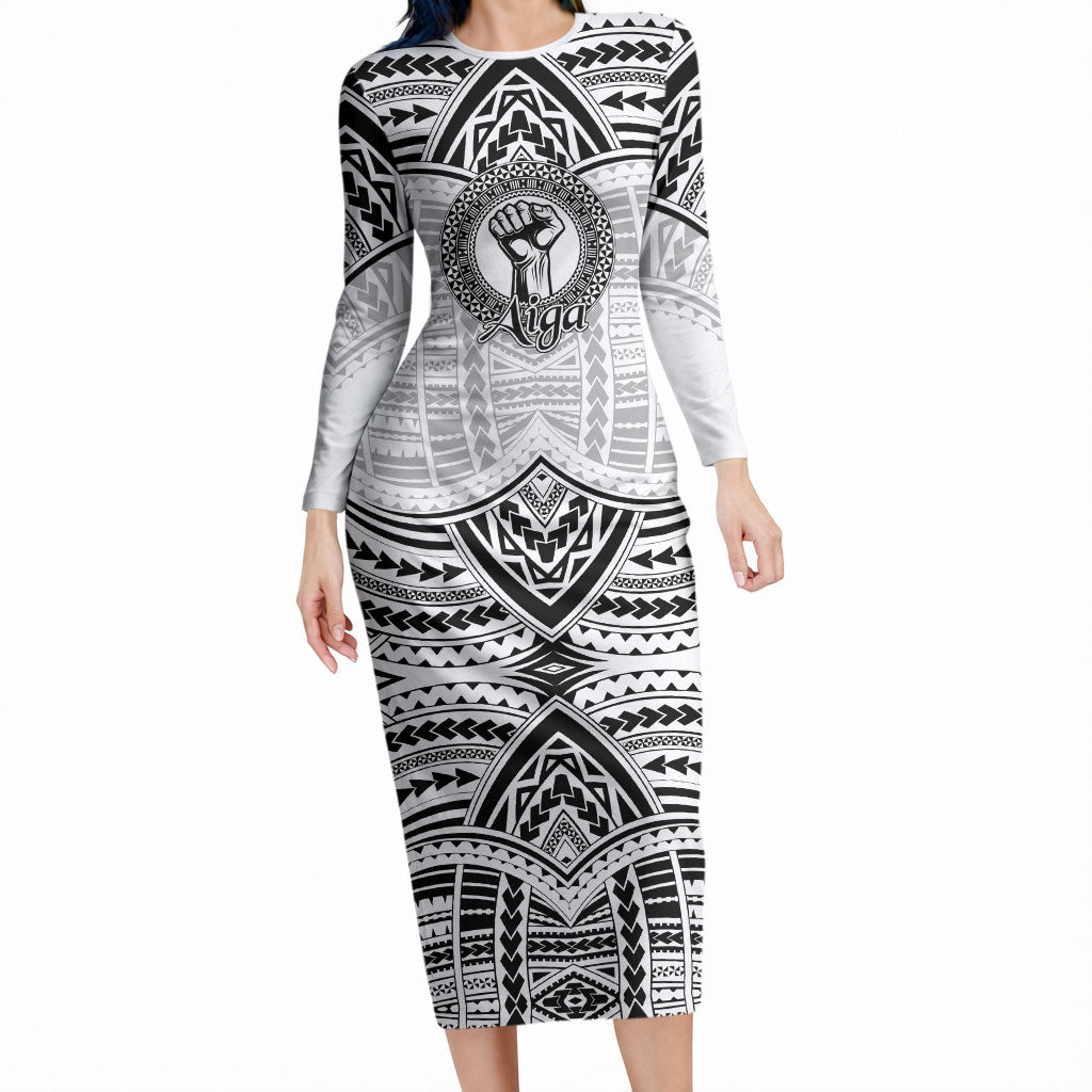 Aiga Samoa Raised Fist Long Sleeve Bodycon Dress Polynesian Tribal Tattoo Art Family Pride