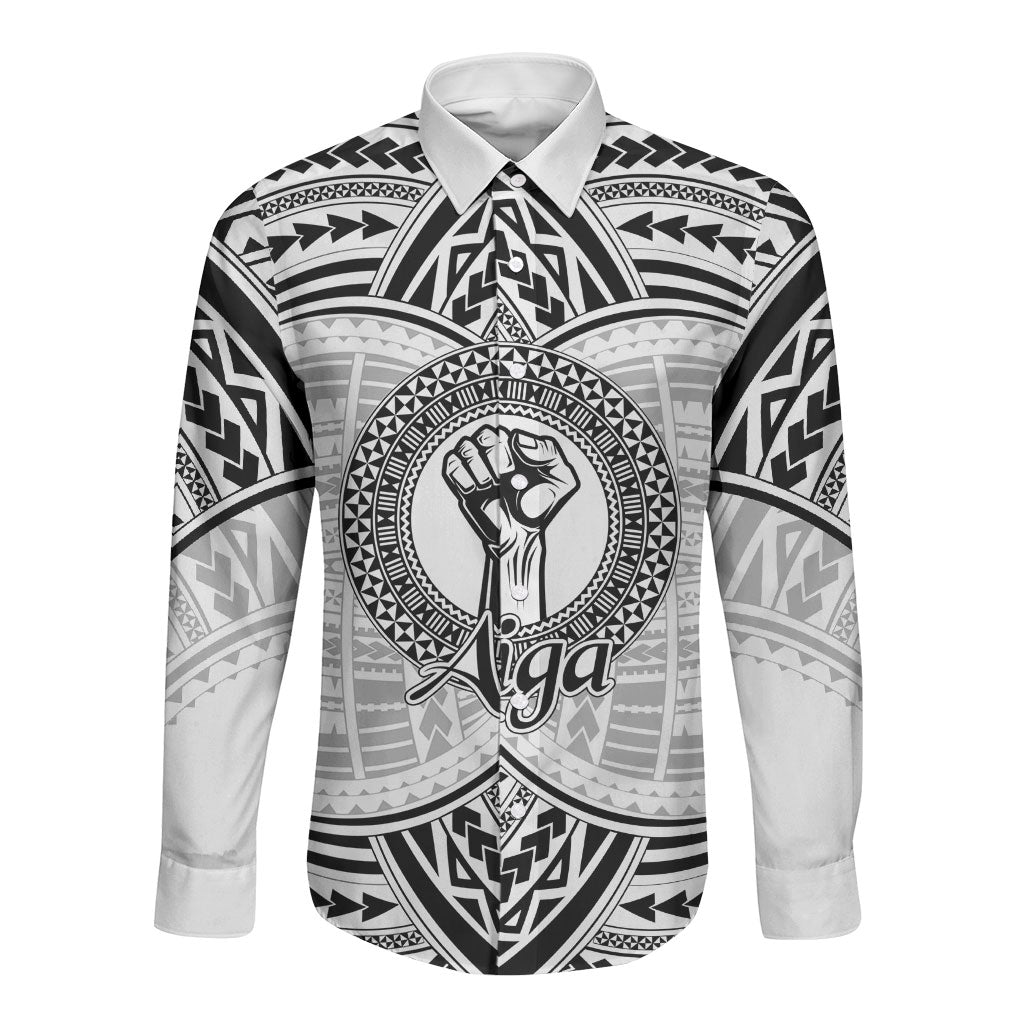 Aiga Samoa Raised Fist Long Sleeve Button Shirt Polynesian Tribal Tattoo Art Family Pride