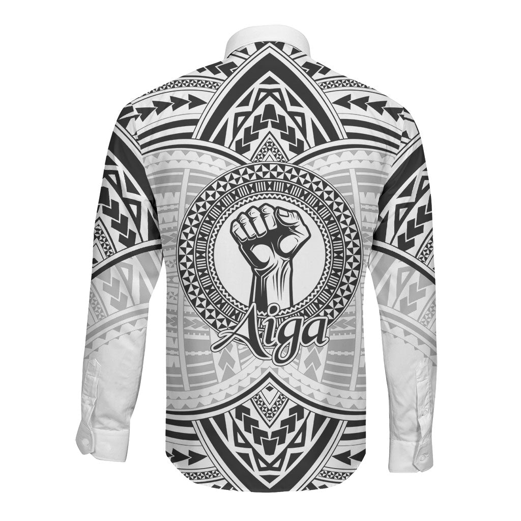 Aiga Samoa Raised Fist Long Sleeve Button Shirt Polynesian Tribal Tattoo Art Family Pride