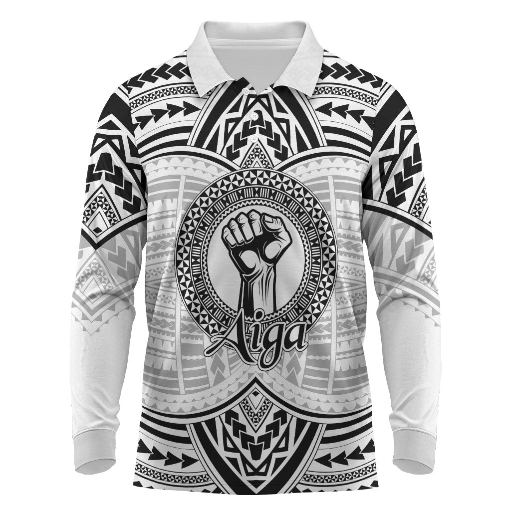 Aiga Samoa Raised Fist Long Sleeve Polo Shirt Polynesian Tribal Tattoo Art Family Pride