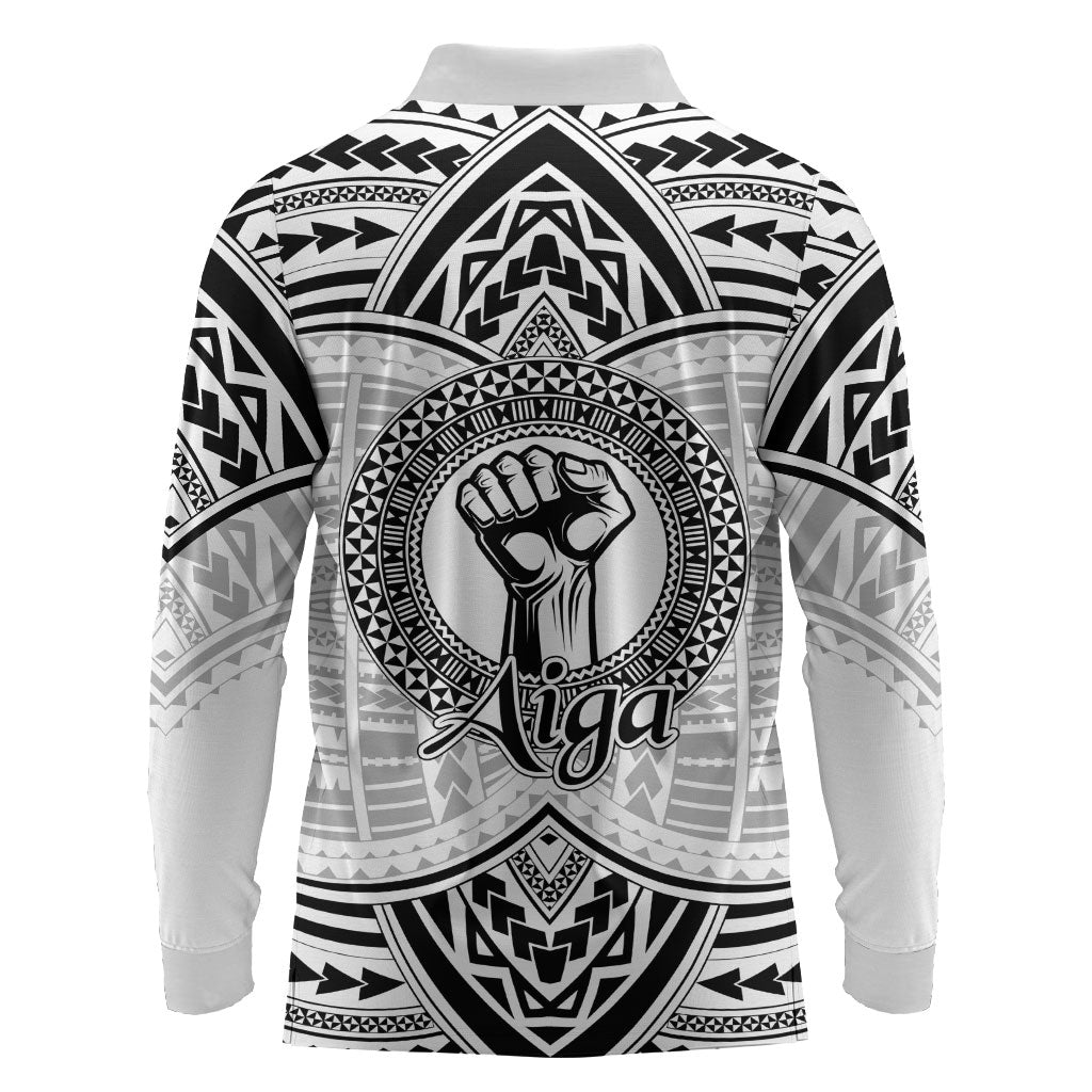 Aiga Samoa Raised Fist Long Sleeve Polo Shirt Polynesian Tribal Tattoo Art Family Pride