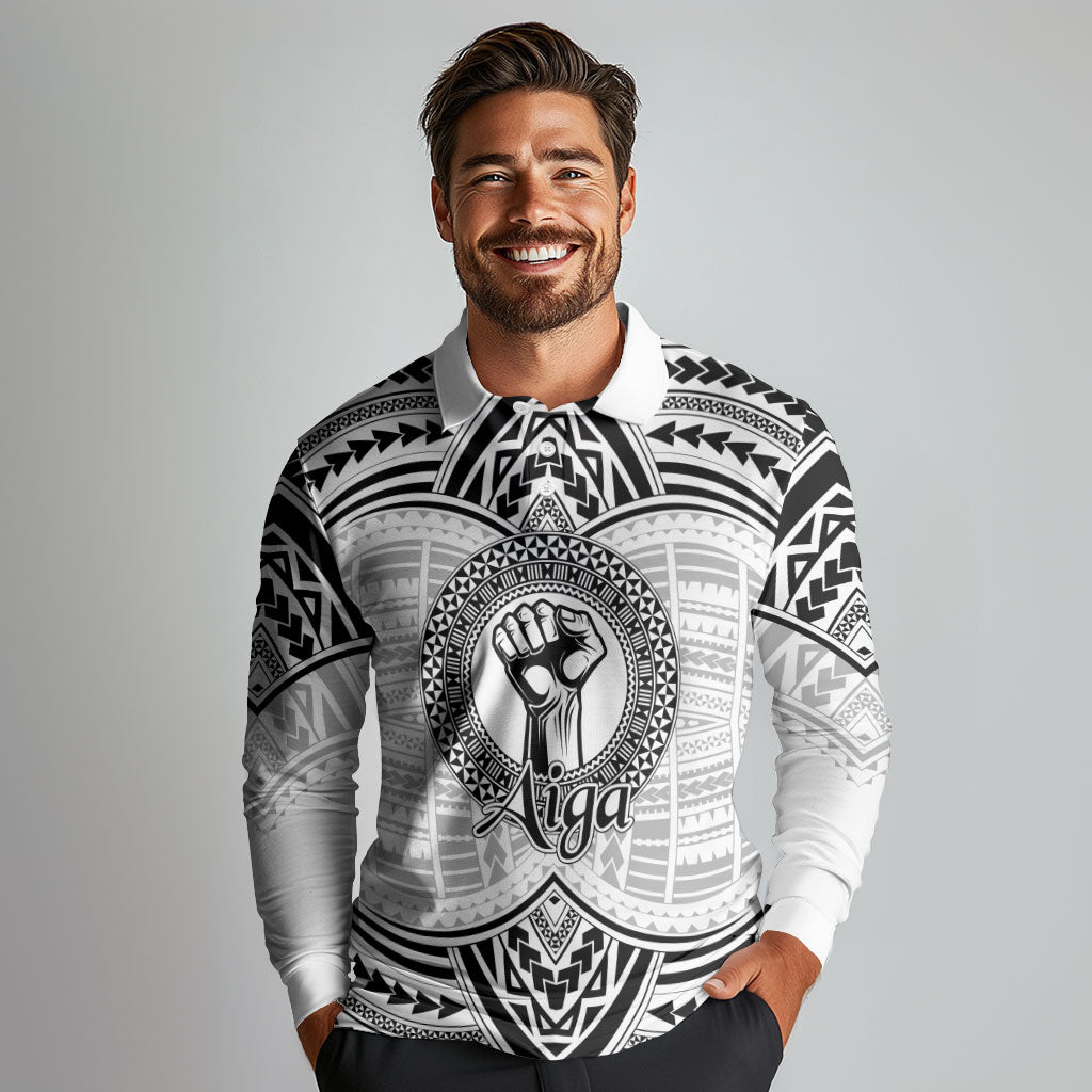 Aiga Samoa Raised Fist Long Sleeve Polo Shirt Polynesian Tribal Tattoo Art Family Pride
