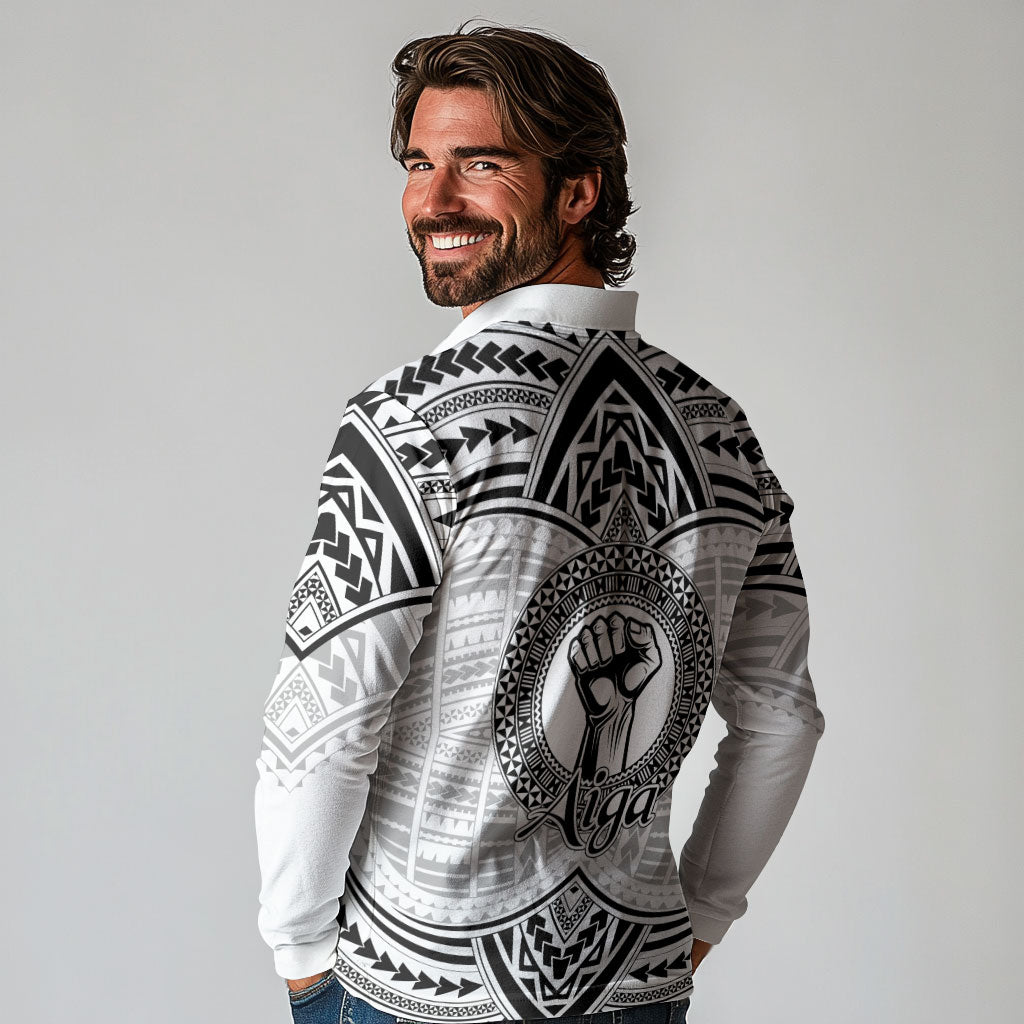Aiga Samoa Raised Fist Long Sleeve Polo Shirt Polynesian Tribal Tattoo Art Family Pride