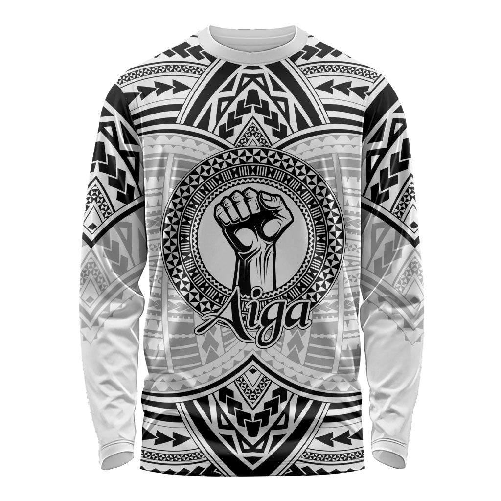 Aiga Samoa Raised Fist Long Sleeve Shirt Polynesian Tribal Tattoo Art Family Pride TS04 Unisex White Black - Polynesian Pride