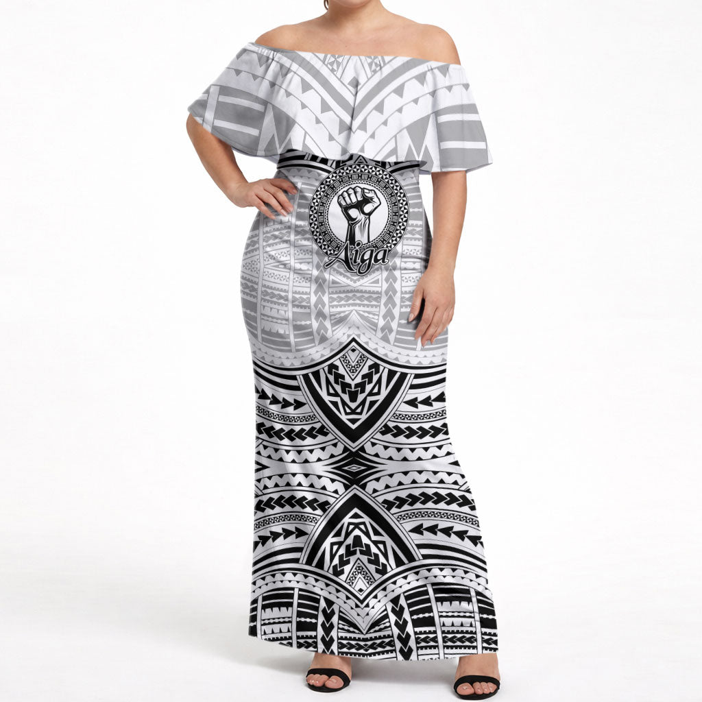 Aiga Samoa Raised Fist Off Shoulder Maxi Dress Polynesian Tribal Tattoo Art Family Pride