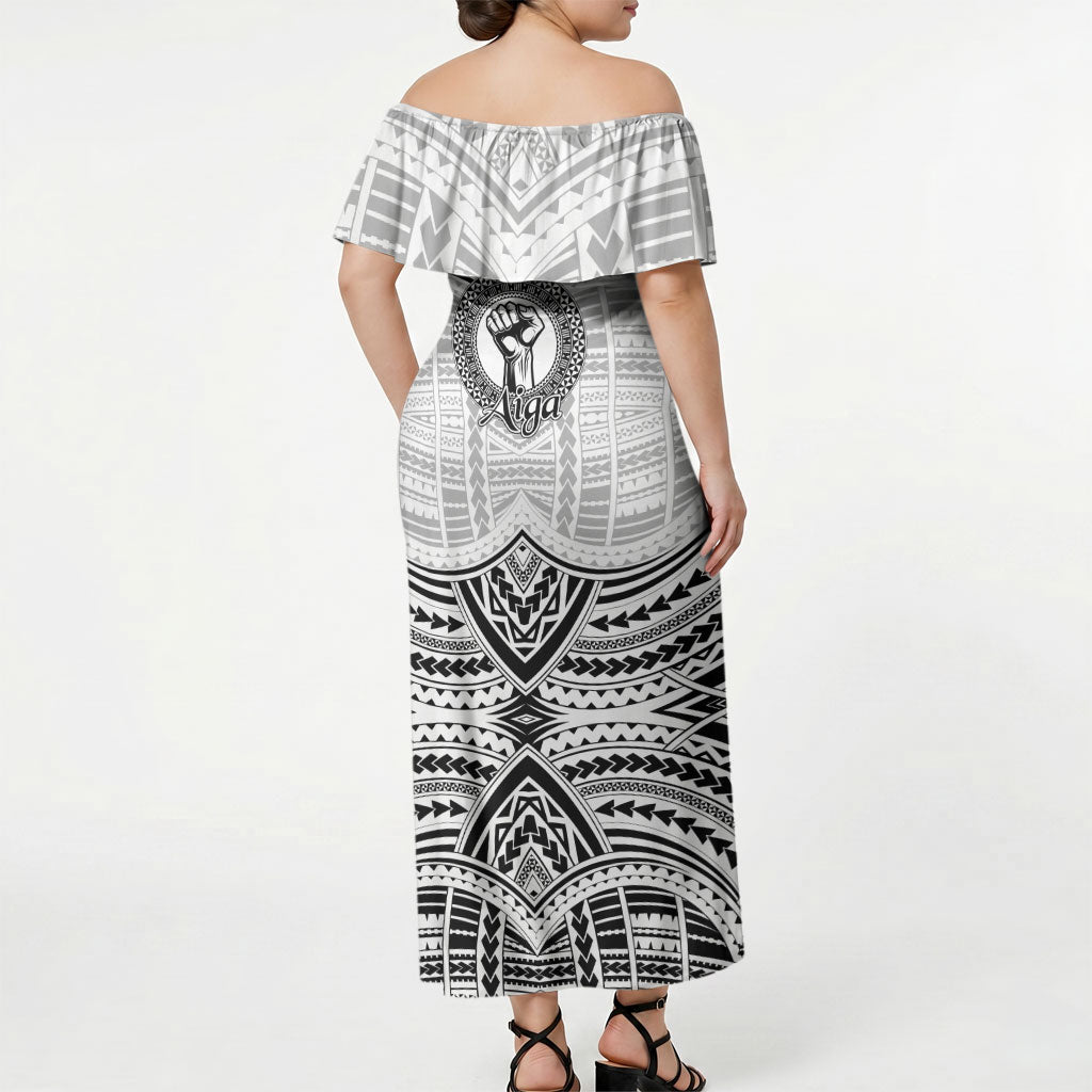 Aiga Samoa Raised Fist Off Shoulder Maxi Dress Polynesian Tribal Tattoo Art Family Pride