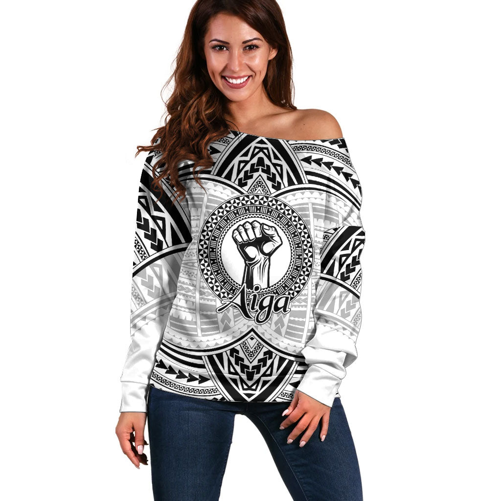 Aiga Samoa Raised Fist Off Shoulder Sweater Polynesian Tribal Tattoo Art Family Pride TS04 Women White Black - Polynesian Pride