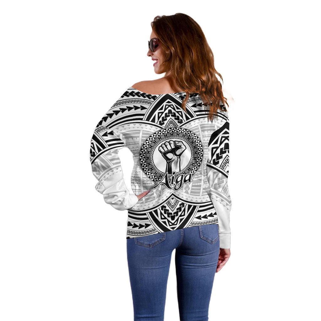 Aiga Samoa Raised Fist Off Shoulder Sweater Polynesian Tribal Tattoo Art Family Pride