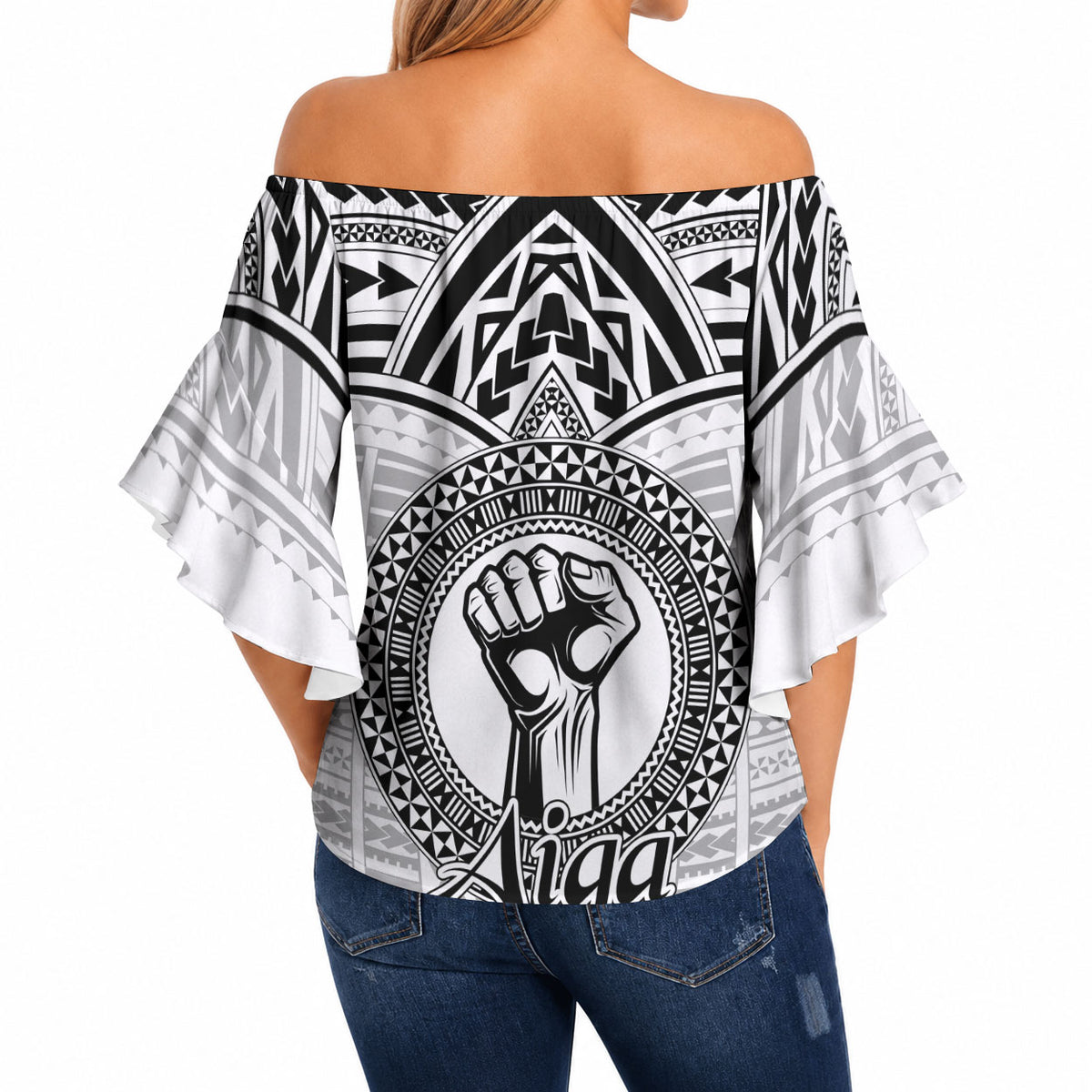 Aiga Samoa Raised Fist Off Shoulder Wrap Waist Top Polynesian Tribal Tattoo Art Family Pride