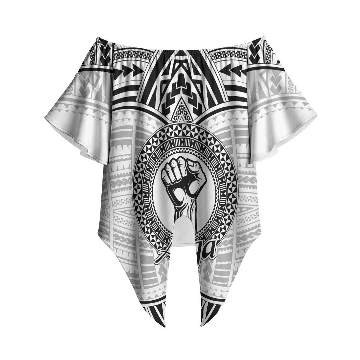 Aiga Samoa Raised Fist Off Shoulder Wrap Waist Top Polynesian Tribal Tattoo Art Family Pride