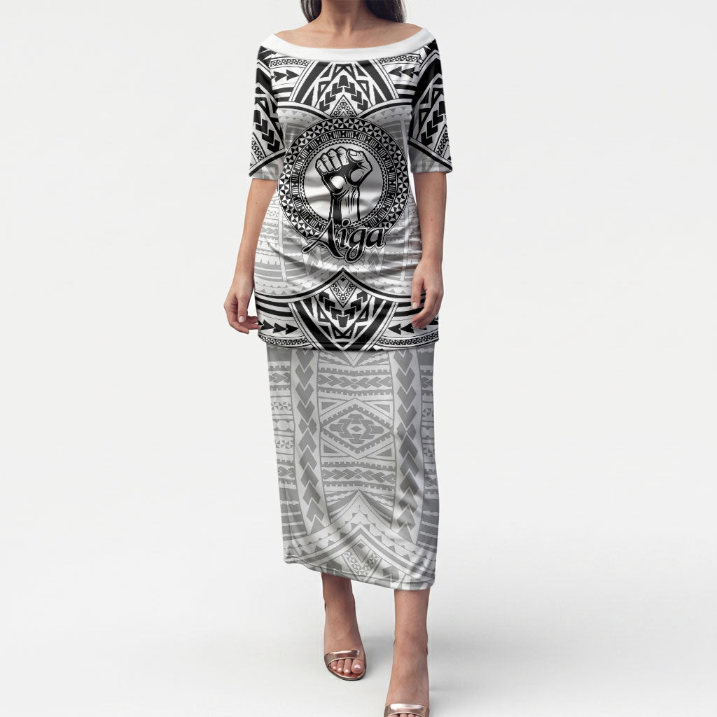 Aiga Samoa Raised Fist Puletasi Polynesian Tribal Tattoo Art Family Pride TS04 Long Dress White Black - Polynesian Pride