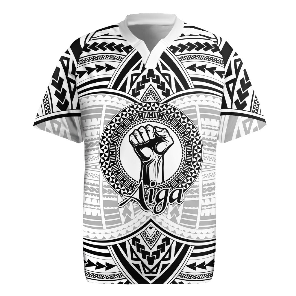 Aiga Samoa Raised Fist Rugby Jersey Polynesian Tribal Tattoo Art Family Pride