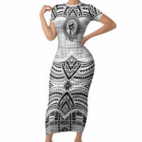 Aiga Samoa Raised Fist Short Sleeve Bodycon Dress Polynesian Tribal Tattoo Art Family Pride