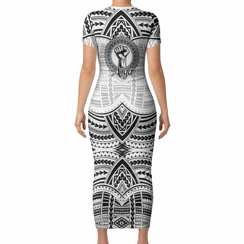 Aiga Samoa Raised Fist Short Sleeve Bodycon Dress Polynesian Tribal Tattoo Art Family Pride