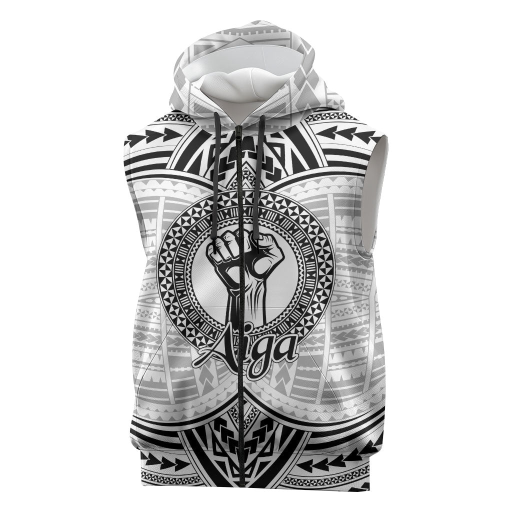 Aiga Samoa Raised Fist Sleeveless Zip Hoodie Polynesian Tribal Tattoo Art Family Pride