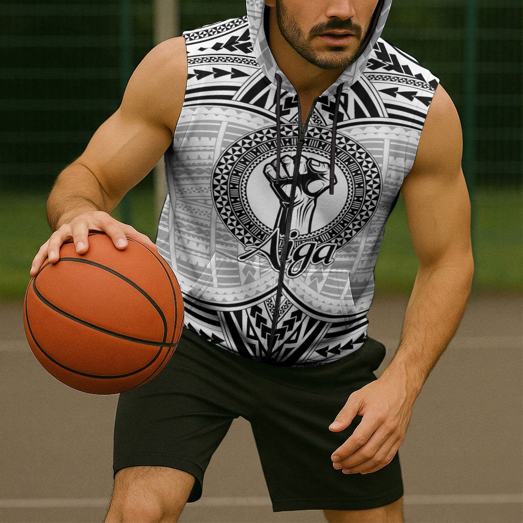 Aiga Samoa Raised Fist Sleeveless Zip Hoodie Polynesian Tribal Tattoo Art Family Pride