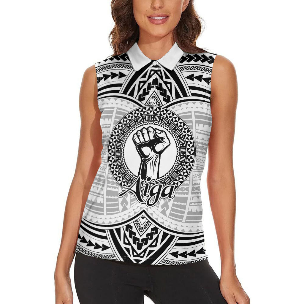 Aiga Samoa Raised Fist Women Sleeveless Polo Shirt Polynesian Tribal Tattoo Art Family Pride