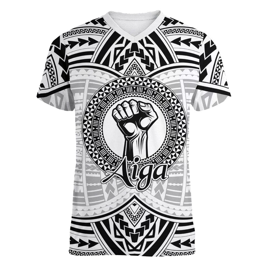 Aiga Samoa Raised Fist Women V-Neck T-Shirt Polynesian Tribal Tattoo Art Family Pride