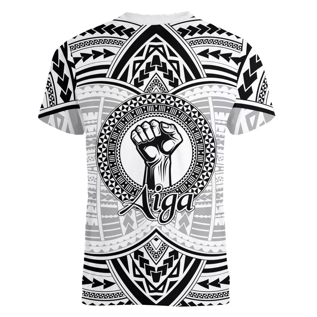 Aiga Samoa Raised Fist Women V-Neck T-Shirt Polynesian Tribal Tattoo Art Family Pride