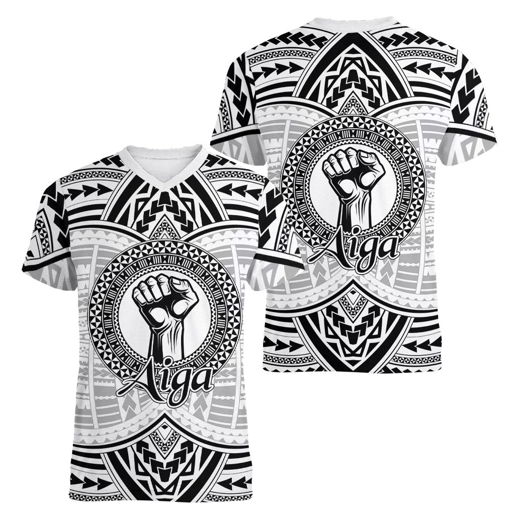 Aiga Samoa Raised Fist Women V-Neck T-Shirt Polynesian Tribal Tattoo Art Family Pride